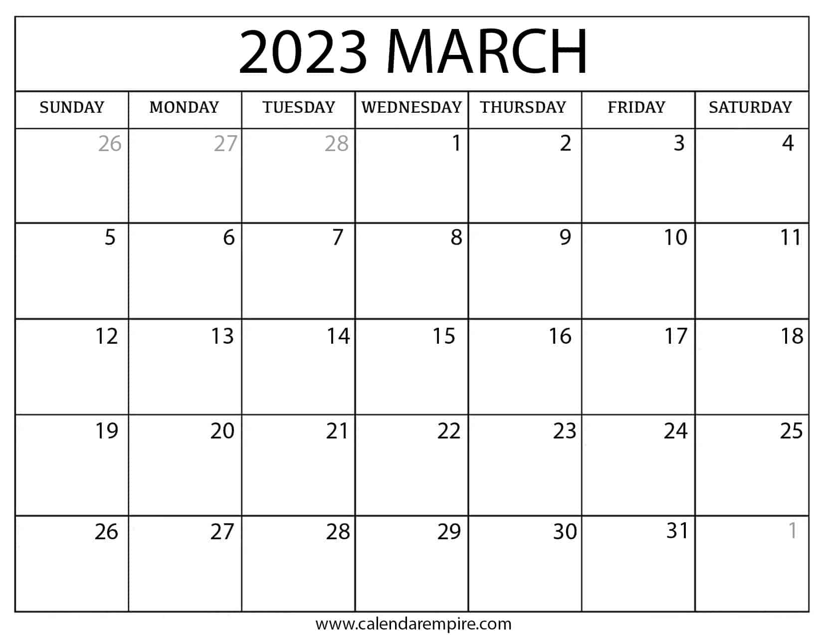 Free March 2023 Calendar